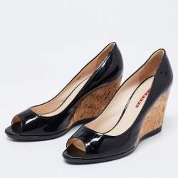 Pre Owned Prada Sport Black Patent Leather Peep Toe Cork Wedge Pumps Size 40