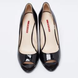 Pre Owned Prada Sport Black Patent Leather Peep Toe Cork Wedge Pumps Size 40
