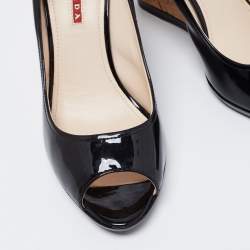 Pre Owned Prada Sport Black Patent Leather Peep Toe Cork Wedge Pumps Size 40