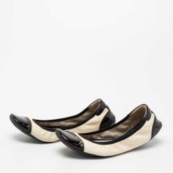 Pre Owned Prada Sport Off White/Black Leather And Patent Leather Cap Toe Scrunch Ballet Flats Size 38