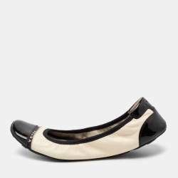 Pre Owned Prada Sport Off White/Black Leather And Patent Leather Cap Toe Scrunch Ballet Flats Size 38