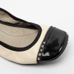 Pre Owned Prada Sport Off White/Black Leather And Patent Leather Cap Toe Scrunch Ballet Flats Size 38