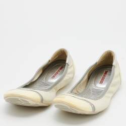 Pre Owned Prada Sport Cream/Grey Leather Scrunch Ballet Flats Size 38.5