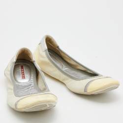 Pre Owned Prada Sport Cream/Grey Leather Scrunch Ballet Flats Size 38.5
