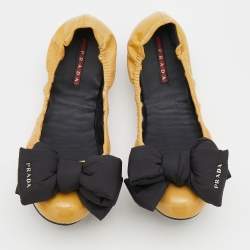 Pre Owned Prada Sport Mustard Patent Leather Bow Scrunch Ballet Flats Size 38