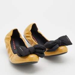 Pre Owned Prada Sport Mustard Patent Leather Bow Scrunch Ballet Flats Size 38