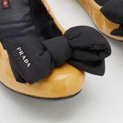 Pre Owned Prada Sport Mustard Patent Leather Bow Scrunch Ballet Flats Size 38