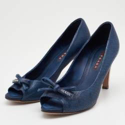 Pre Owned Prada Sport Blue Perforated Leather Bow Peep Toe Pumps Size 36