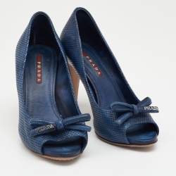 Pre Owned Prada Sport Blue Perforated Leather Bow Peep Toe Pumps Size 36