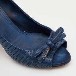 Pre Owned Prada Sport Blue Perforated Leather Bow Peep Toe Pumps Size 36