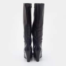 Pre Owned Prada Sport Black Leather Knee Length Wedge Boots Size 37.5