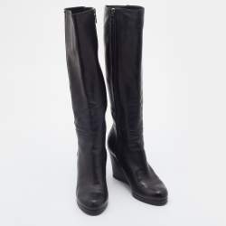 Pre Owned Prada Sport Black Leather Knee Length Wedge Boots Size 37.5