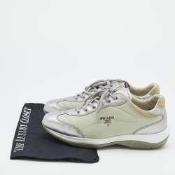Pre Owned Prada Sport Silver/Grey Leather And Nylon Low Top Sneakers Size 38
