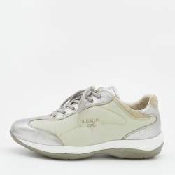 Pre Owned Prada Sport Silver/Grey Leather And Nylon Low Top Sneakers Size 38