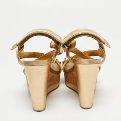 Prada Sport Gold/Beige Leather and Velvet Cork Platform Wedge Sandals Size 36.5