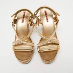 Prada Sport Gold/Beige Leather and Velvet Cork Platform Wedge Sandals Size 36.5