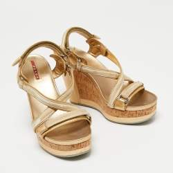 Prada Sport Gold/Beige Leather and Velvet Cork Platform Wedge Sandals Size 36.5