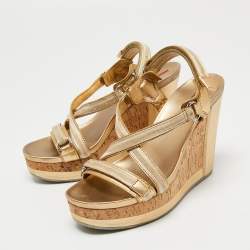 Prada Sport Gold/Beige Leather and Velvet Cork Platform Wedge Sandals Size 36.5