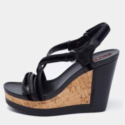 Prada Sport Black Leather and Velvet Cork Platform Wedge Sandals Size 36.5