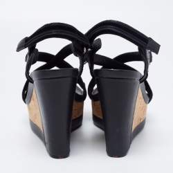 Prada Sport Black Leather and Velvet Cork Platform Wedge Sandals Size 36.5