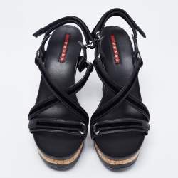 Prada Sport Black Leather and Velvet Cork Platform Wedge Sandals Size 36.5