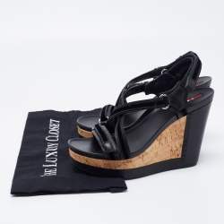 Prada Sport Black Leather and Velvet Cork Platform Wedge Sandals Size 36.5