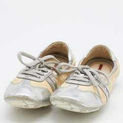 Prada Sport Silver/Cream Leather Scrunch Lace Up Ballet Flats Size 35.5