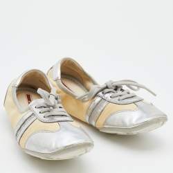 Prada Sport Silver/Cream Leather Scrunch Lace Up Ballet Flats Size 35.5