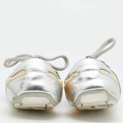 Prada Sport Silver/Cream Leather Scrunch Lace Up Ballet Flats Size 35.5