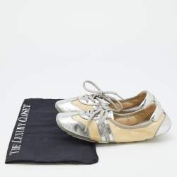 Prada Sport Silver/Cream Leather Scrunch Lace Up Ballet Flats Size 35.5