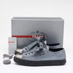 Pre Owned Prada Sport Silver Glitter and Leather Cap Toe Low Top Sneakers Size 38