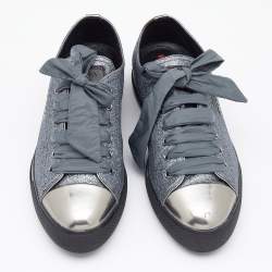 Pre Owned Prada Sport Silver Glitter and Leather Cap Toe Low Top Sneakers Size 38