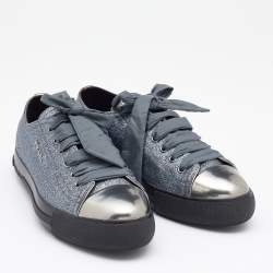 Pre Owned Prada Sport Silver Glitter and Leather Cap Toe Low Top Sneakers Size 38