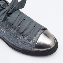 Pre Owned Prada Sport Silver Glitter and Leather Cap Toe Low Top Sneakers Size 38