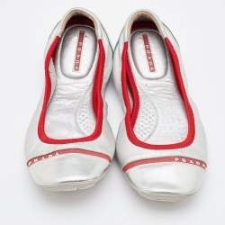 Pre Owned Prada Sport Metallic Silver Leather Scrunch Ballet Flats Size 38