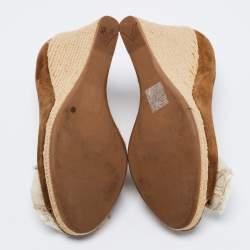 Pre Owned Prada Sport Olive Green/Beige Suede and Canvas Bow Peep Toe Espadrille Wedge Pumps Size 39