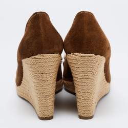 Pre Owned Prada Sport Olive Green/Beige Suede and Canvas Bow Peep Toe Espadrille Wedge Pumps Size 39