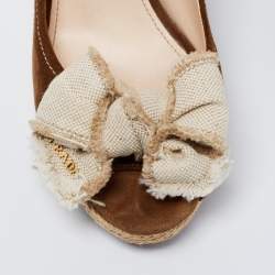 Pre Owned Prada Sport Olive Green/Beige Suede and Canvas Bow Peep Toe Espadrille Wedge Pumps Size 39