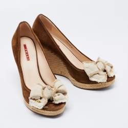 Pre Owned Prada Sport Olive Green/Beige Suede and Canvas Bow Peep Toe Espadrille Wedge Pumps Size 39