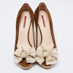Pre Owned Prada Sport Olive Green/Beige Suede and Canvas Bow Peep Toe Espadrille Wedge Pumps Size 39