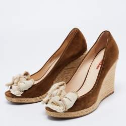 Pre Owned Prada Sport Olive Green/Beige Suede and Canvas Bow Peep Toe Espadrille Wedge Pumps Size 39
