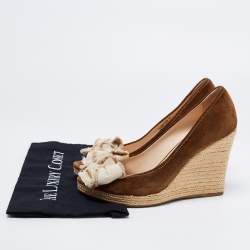 Pre Owned Prada Sport Olive Green/Beige Suede and Canvas Bow Peep Toe Espadrille Wedge Pumps Size 39