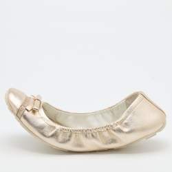 Pre Owned Prada Sport Gold Leather Bow Scrunch Ballet Flats Size 39
