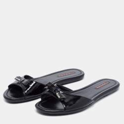 Pre Owned Prada Sport Black Patent Leather Bow Flat Slides Size 38.5