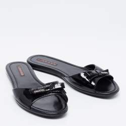 Pre Owned Prada Sport Black Patent Leather Bow Flat Slides Size 38.5