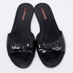 Pre Owned Prada Sport Black Patent Leather Bow Flat Slides Size 38.5