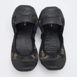 Pre Owned Prada Sport Black Leather and Camouflage Nylon Scrunch Ballet Flats Size 39