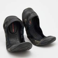 Pre Owned Prada Sport Black Leather and Camouflage Nylon Scrunch Ballet Flats Size 39