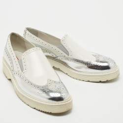 Pre Owned Prada Sport White/Silver Brogue Leather Slip On Sneakers Size 39.5