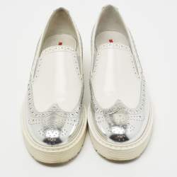 Pre Owned Prada Sport White/Silver Brogue Leather Slip On Sneakers Size 39.5